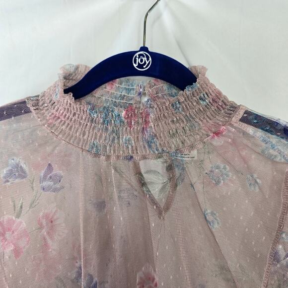 L.I.F.E Love is for Eternity Pink Floral Sheer Puff Sleeve Blouse Top Medium - Picture 2 of 9